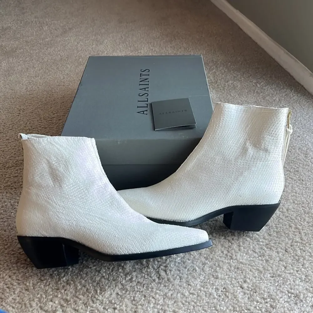ALL SAINTS Lenora Snake Embossed White Leather Minimalist Neutral Booties - Picture 6 of 12